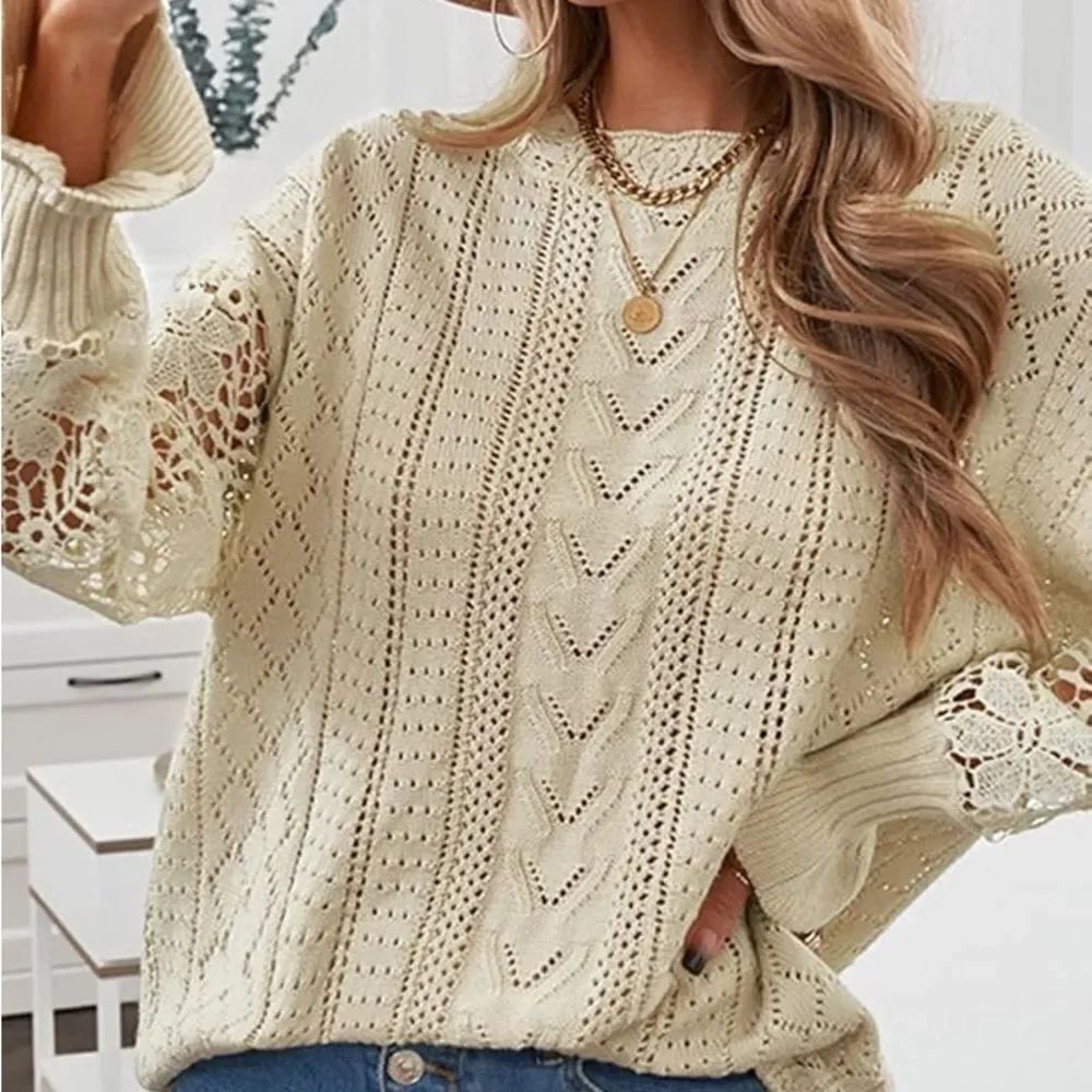 New Flygo Crochet Pointelle knit sweater Long Sleeve Crewneck small fits M-L